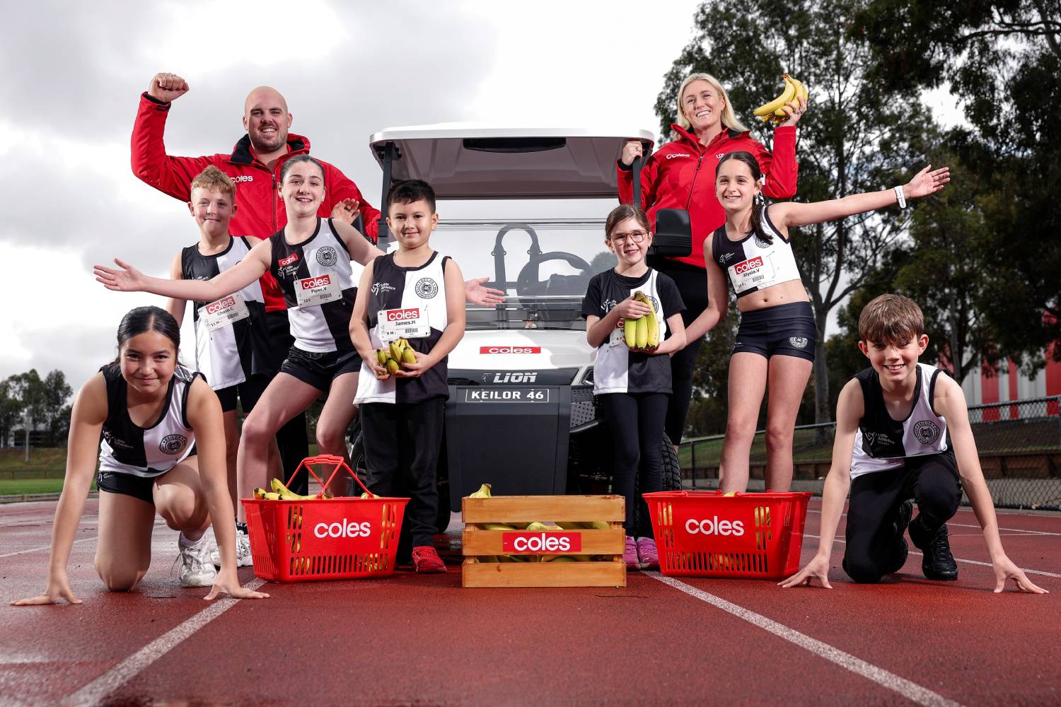 Matt Denny and Sally Pearson with Keilor Little Athletics' new equipment
