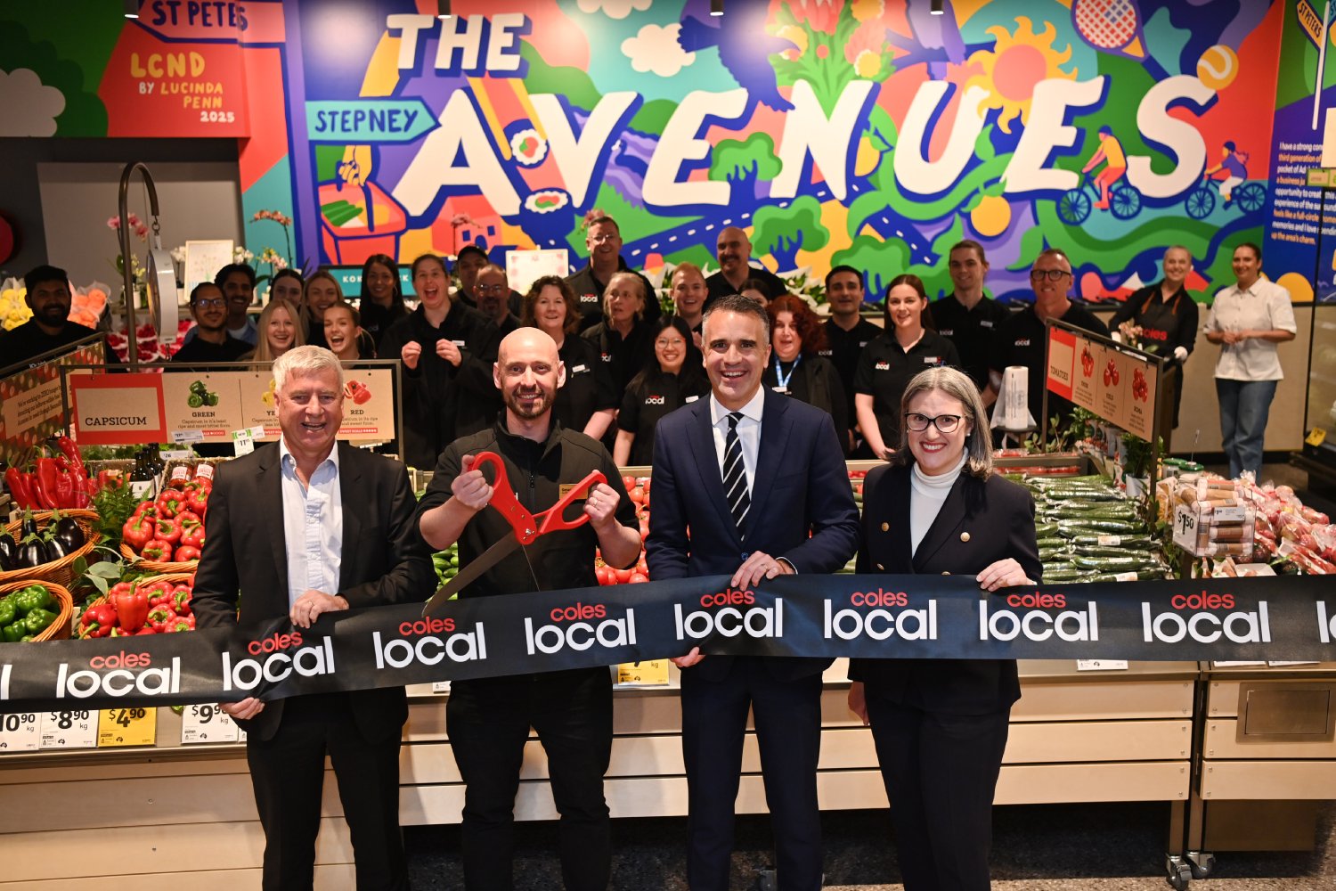 Coles Chairman Peter Allen, The Avenues Store Manager Gerard Horton, SA Premier Peter Malinauskas and Coles CEO Leah Weckert