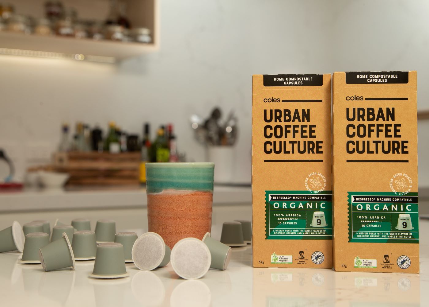The Coles Urban Coffee Culture Organic Home Compostable Pods, which have been made with  bio-sourced cellulose and vegetable oils, can be composted in home compost bins, where they  break down in about the same amount of time as an orange peel