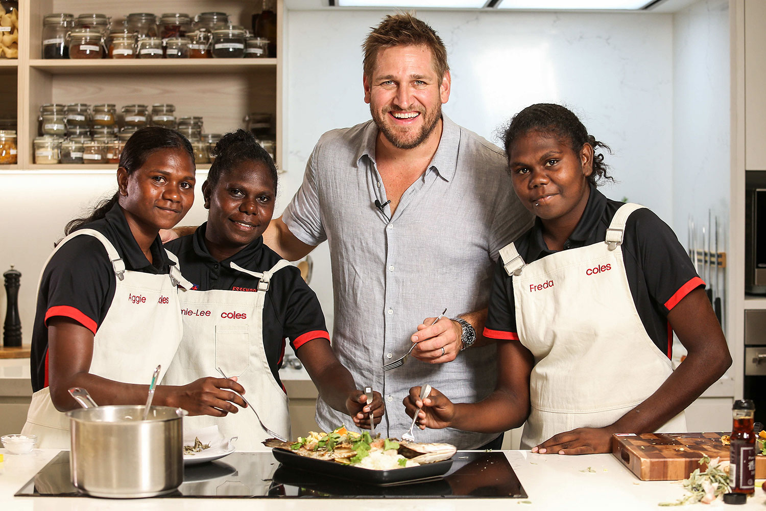 Left to Right: Aggie Singh, Jamie-Lee Puautijimi, Curtis Stone and Freda Puruntatameri at the Coles Development Kitchens