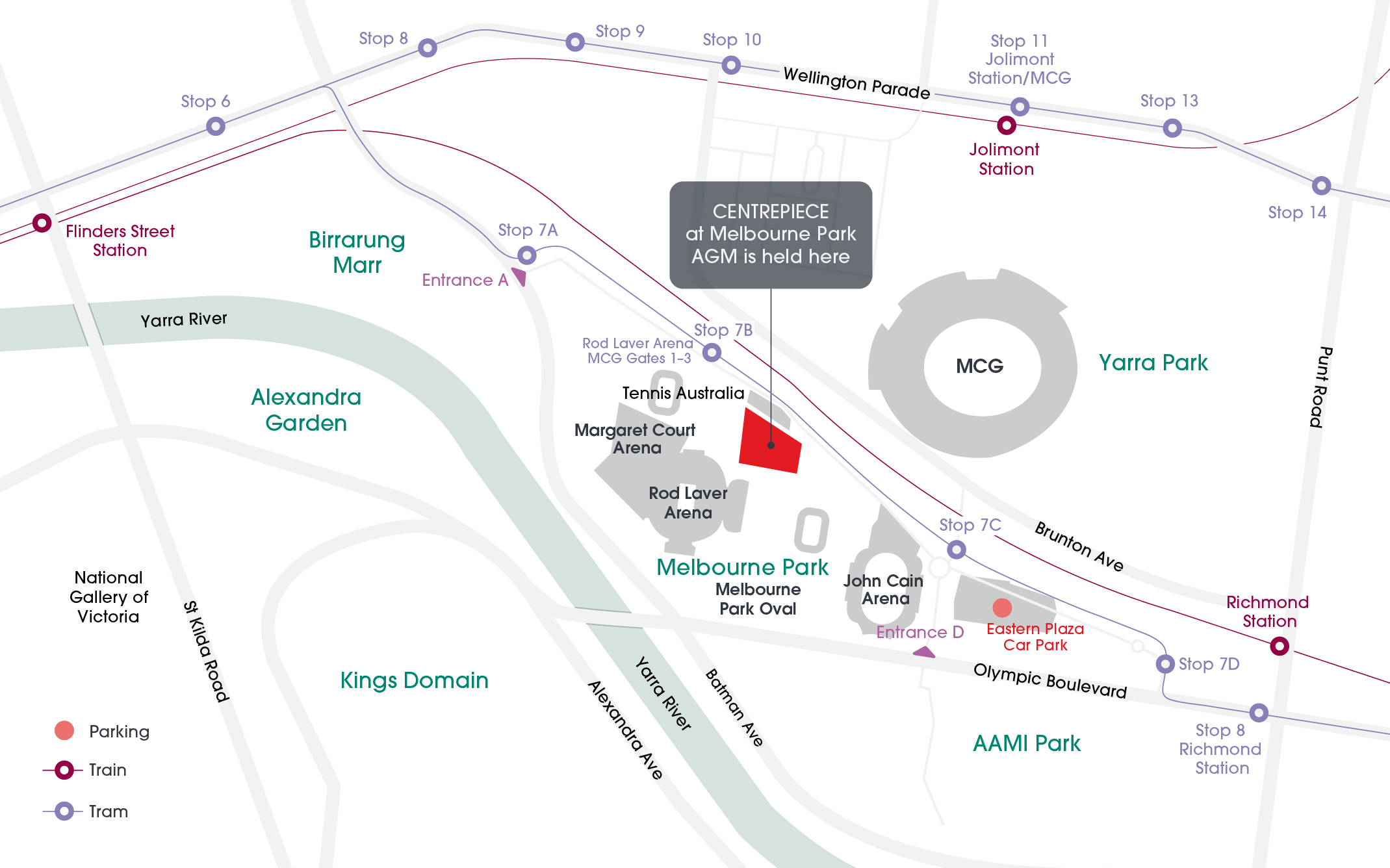 Map of 2025 AGM venue - Melbourne Convention and Exhibition Centre, Melbourne Room, 1 Convention Centre Place, South Wharf, Melbourne, Victoria