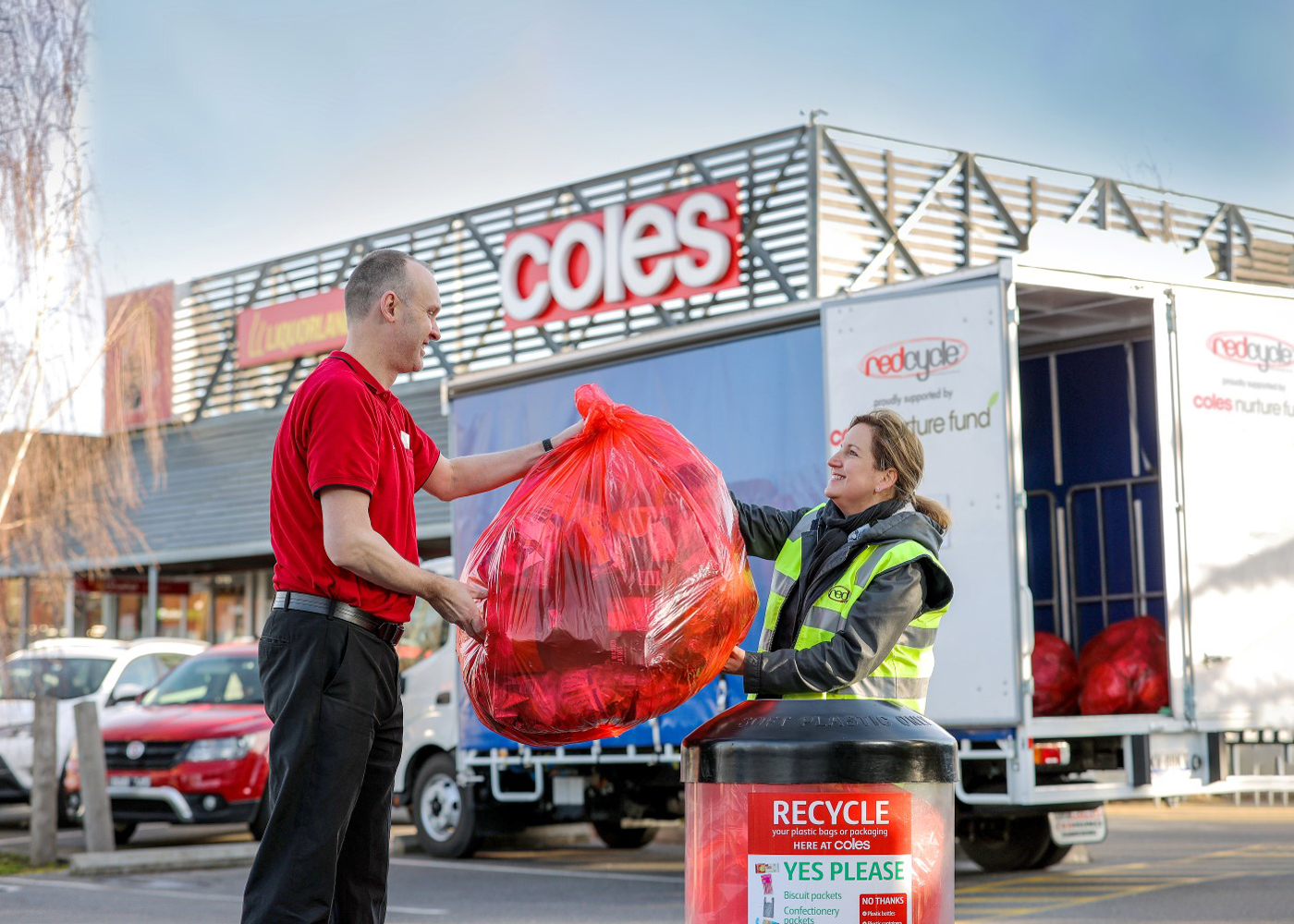 Coles Gisborne team member Matt and REDCycle founder Liz