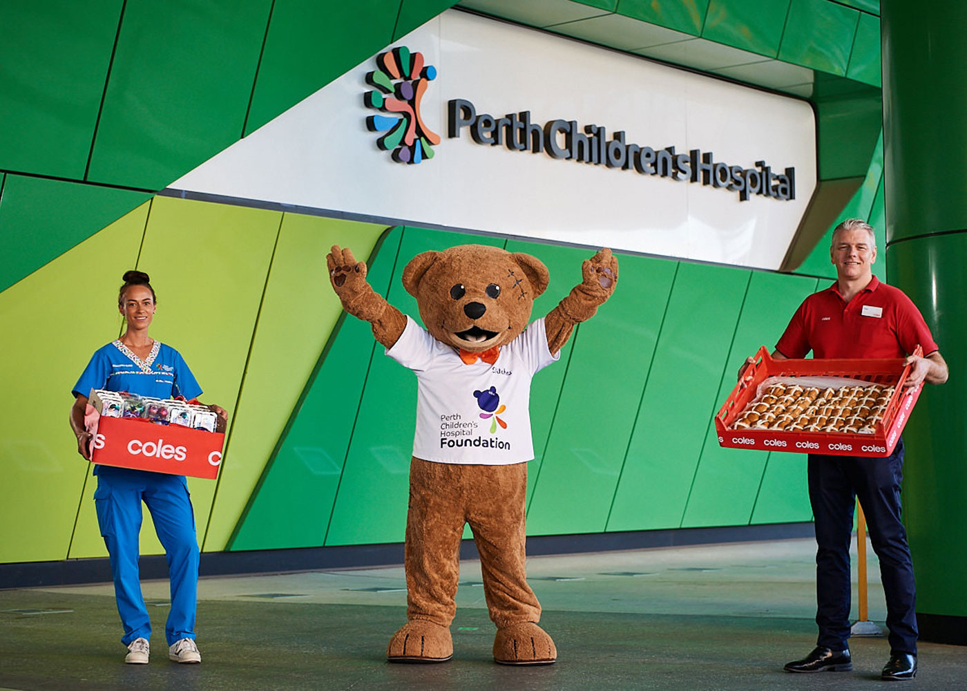 Perth Children's Hospital Nurse, Stitches the Bear and Pat Zanetti