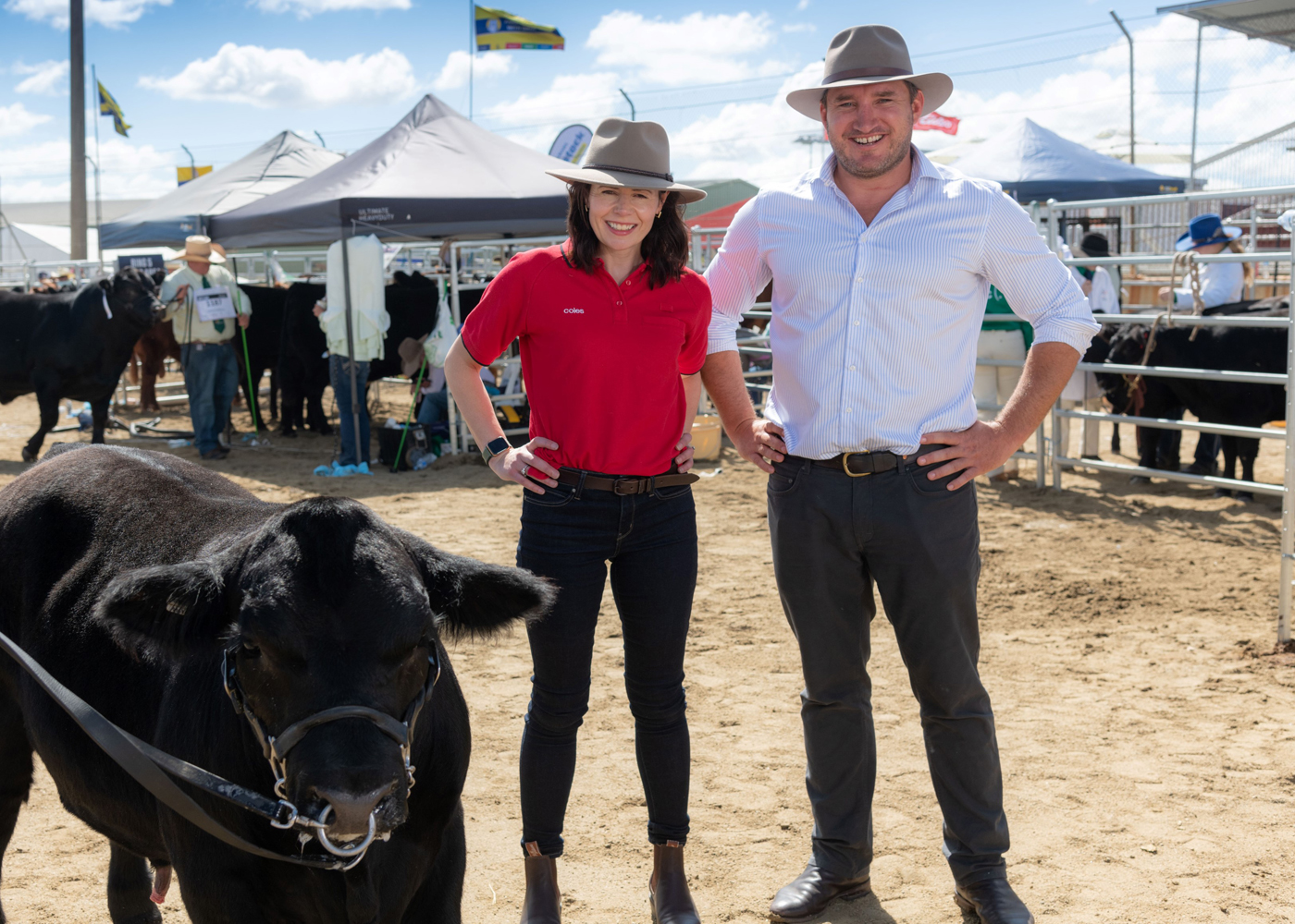 Coles General Manager for Meat Charlotte Gilbert with cattle farmer Sam McNiven from Tallawanta Feedlot at Beef Week 2021
